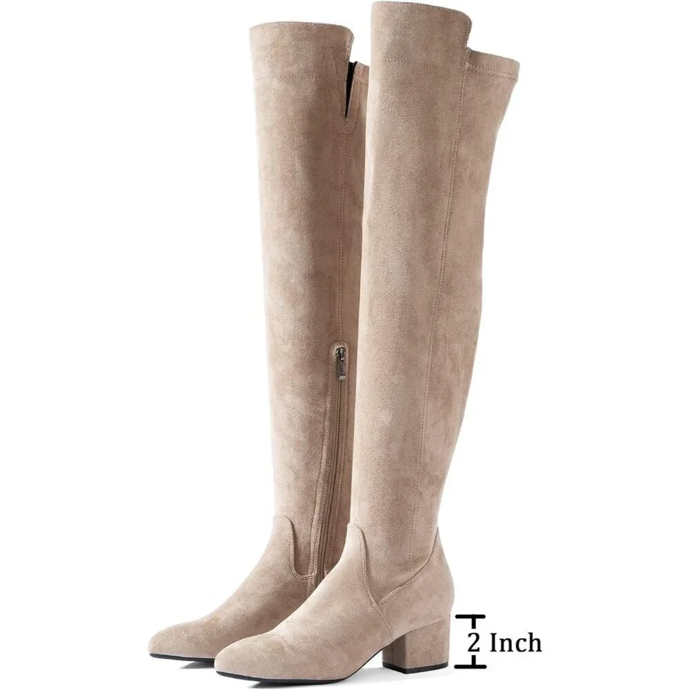 Women's Cream High  Thigh Low Block Heel Stylish Boots